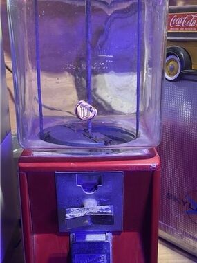 Vintage Glass 10 cent Red Candy/Gumball Vending Machine no key